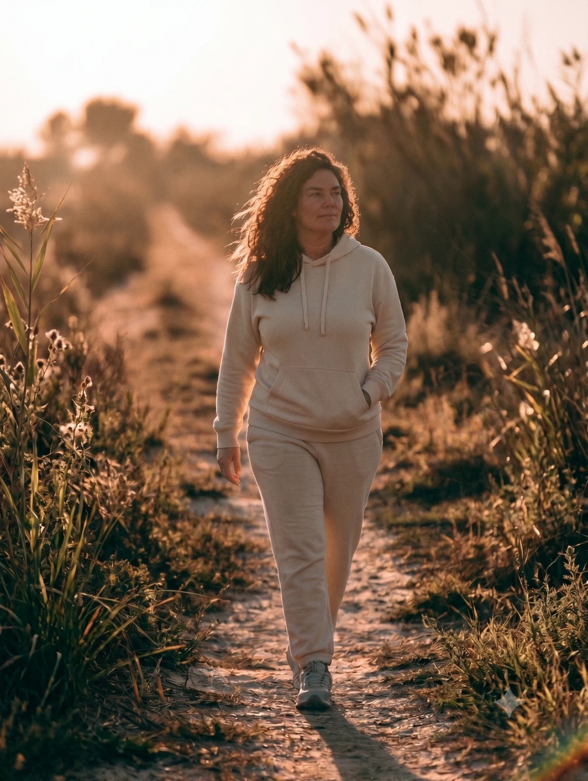 Femme marchant sereinement sur un chemin dans la nature